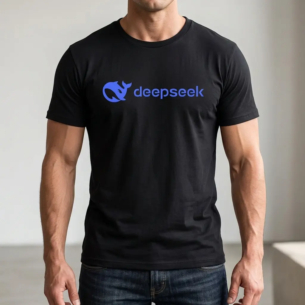 Black t-shirt with the DeepSeek whale logo printed in blue
